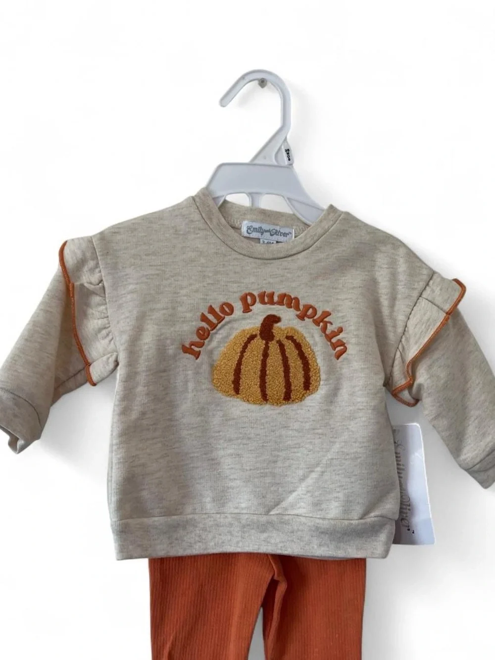 3-6M Girl 2 Piece Set Sweatshirt Pants Hello Pumpkin Outfit Sherpa Patchwork NWT